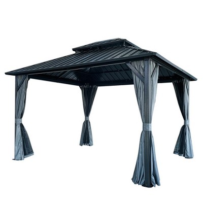 120x144inch Gazebo Canopy With Netting And Curtains, 2-Tier Hardtop Galvanized Iron Aluminum Frame Garden Tent For Patio, Backyard, Deck And Lawns