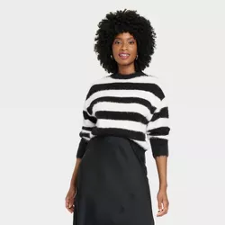 Women's Crewneck Fuzzy Pullover Sweater - A New Day™ Black Striped XXL