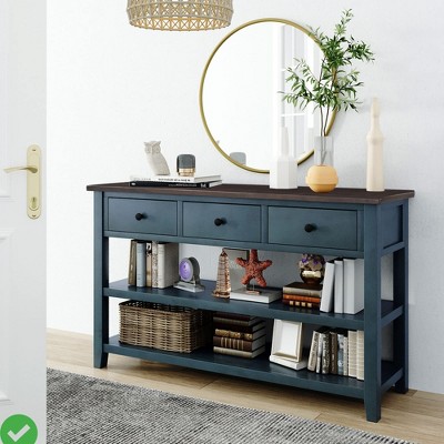 Console Table, Entryway Table with 3 Drawers & 2 Tier Open Shelf Mid-century Modern Accent Table with Solid Wood Legs