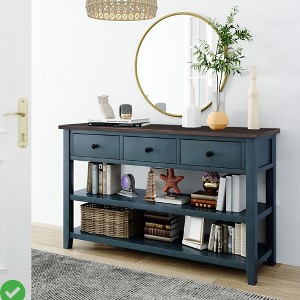 Console Table, Entryway Table with 3 Drawers & 2 Tier Open Shelf Mid-century Modern Accent Table with Solid Wood Legs - 1 of 4