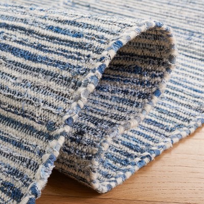 Handmade Ivory and Blue Wool Cotton Flat Weave Rug, 5' x 8'