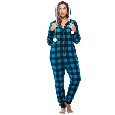 Just Love Womens One Piece Buffalo Plaid Adult Bodysuit Faux Sherling Lined Hoody Pajamas