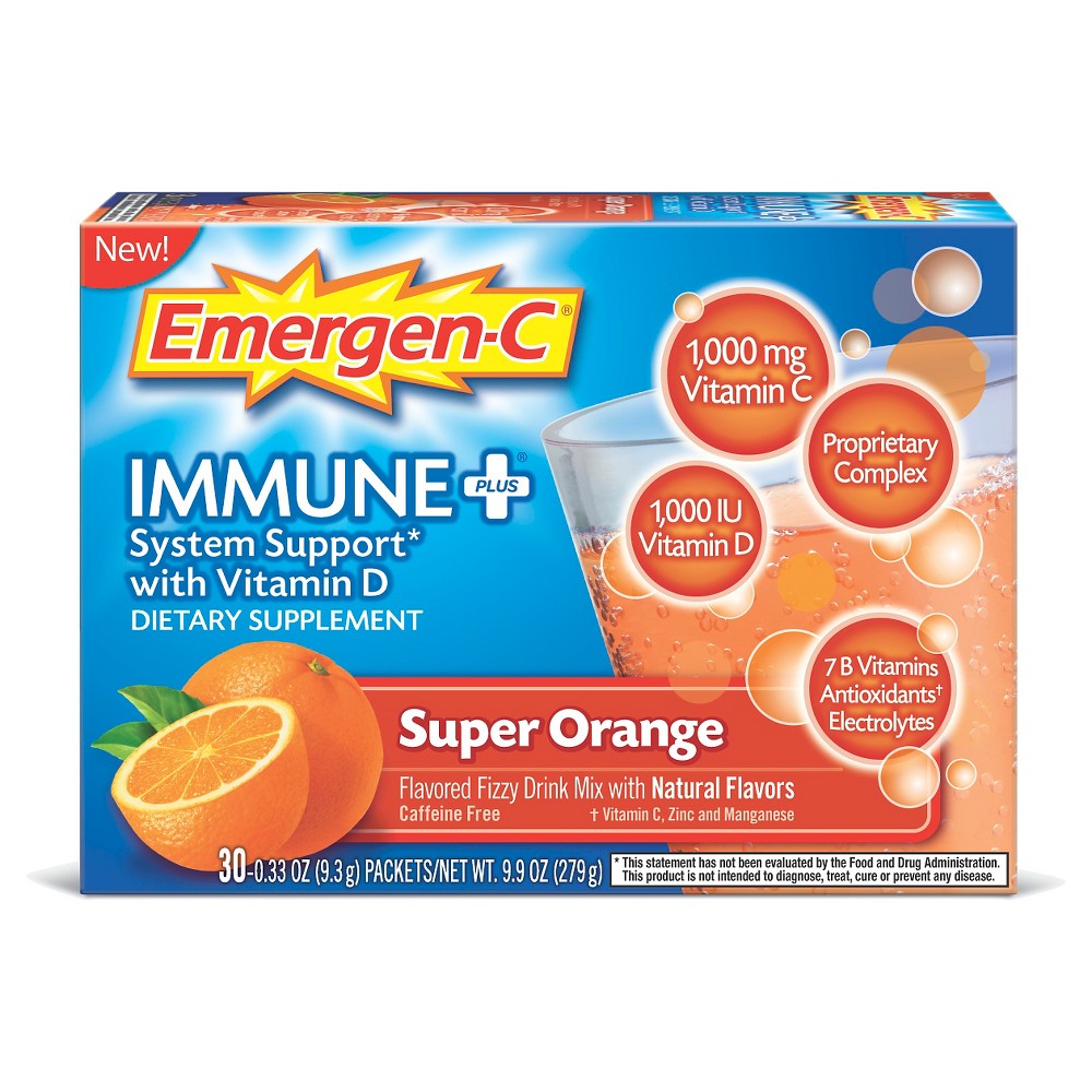 Emergen-C Immune Plus System Support Drink Mix, Super Orange - 30 Packets