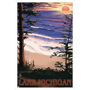 Trends International Lantern Press - Lake Michigan, Sunset on Beach Framed Wall Poster Prints - 1 of 4