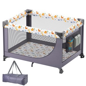 VEVOR Baby Playpen Travel Crib, Quick-Folding Playpen for Baby & Toddler,Portable Baby Fence Play Yard with Wheels,Breathable Mesh & Travel Bag, Gray - 1 of 4