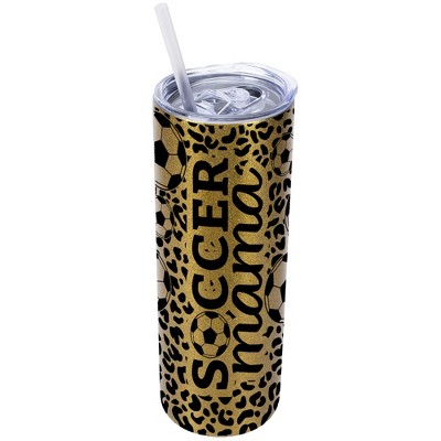 Elanze Designs Leopard Print Vegas Gold 20 Ounce Double Wall Stainless Steel Glitter Travel Tumbler With Sliding Lid And Straw, Soccer Mom