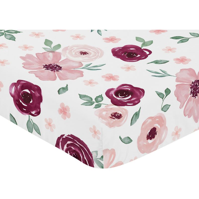 Sweet Jojo Designs Girl Baby Fitted Crib Sheet Watercolor Floral Burgundy Pink and White, 4 of 8