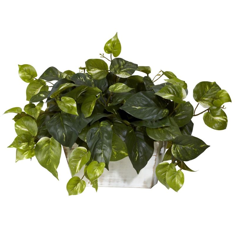Nearly Natural 14-in Pothos w/White Wash Planter Silk Plant, 2 of 3