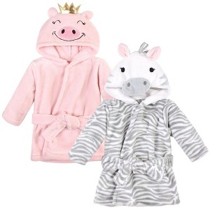 Hudson Baby Infant Girls 2Pc Plush Animal Face Bathrobe, Pig Gray Zebra, 0-9 Months - 1 of 3