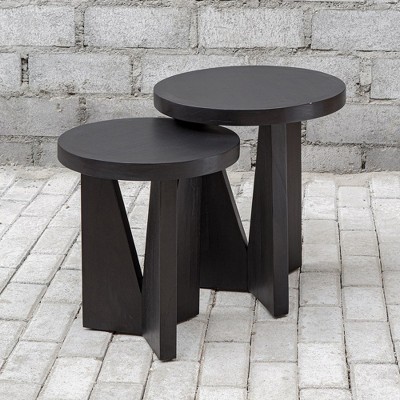 Black Round Wood Contemporary Nesting Tables, Set of 2
