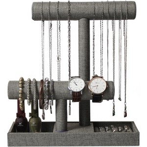2-Tier Linen Jewelry Organizer with Ring Tray, Display Stand for Necklaces, Bracelets, Watches & Cosmetics, Gray - 1 of 4