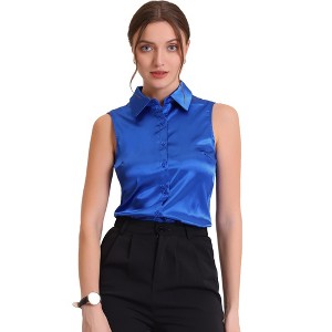 Allegra K Women's Satin Work Collar Sleeveless Button Down Shirts - 1 of 4