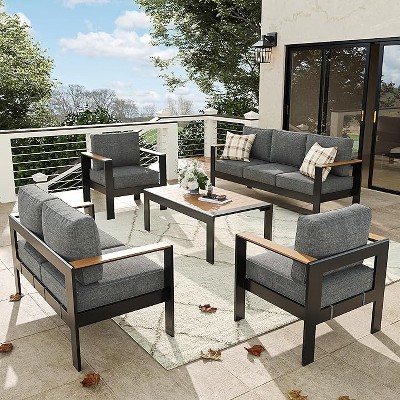 LayinSun 5 Pieces Aluminum Outdoor Patio Furniture Set with Coffee Table, Outside Metal Patio Conversation Sets with Deep Seating and Thick Cushions