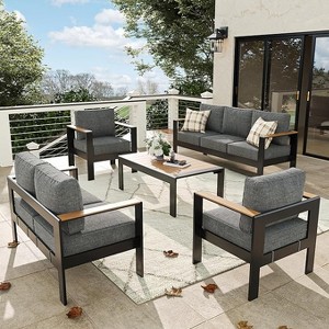 LayinSun 5 Pieces Aluminum Outdoor Patio Furniture Set with Coffee Table, Outside Metal Patio Conversation Sets with Deep Seating and Thick Cushions - 1 of 4