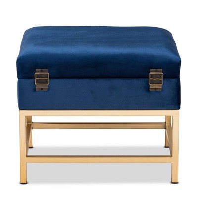 Navy Blue Velvet Tufted Storage Ottoman with Gold Metal Legs