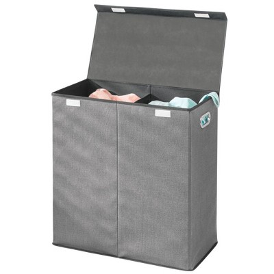 Image of mDesign Divided Laundry Hamper Basket with Lid, Chrome Handles - Charcoal/Black