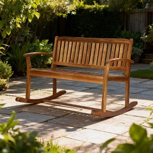 2-Person Acacia Wood Patio Rocking Loveseat with Armrests, Slatted Seat and Backrest, Outdoor Rocker Bench for Porch or Garden - 1 of 4