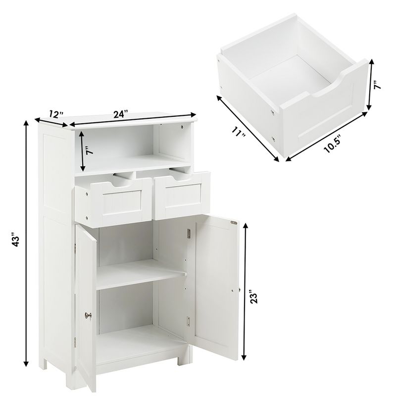 Costway Bathroom Floor Cabinet Wooden Storage Organizer Side Cabinet W/2 Drawer 2 Doors, 3 of 11