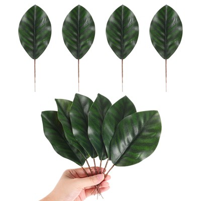 Unique Bargains Artificial Green Magnolia Leaf with Stem for DIY 10 Pcs