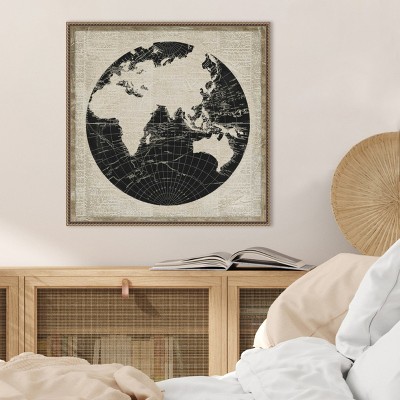 World News Map II Navy Canvas Print with Bronze Frame