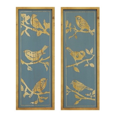 VIP Wood 31.2 in. Blue Portrait Floral Bird Wall Art Set of 2