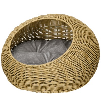 Small Light Brown Rattan Wicker Cat Bed with Cushion