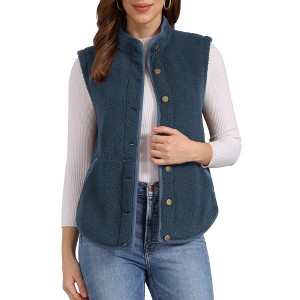 Allegra K Women's Fleece Contrast Color Button Down Sleeveless Fuzzy Jacket Vest with Pockets - 1 of 4