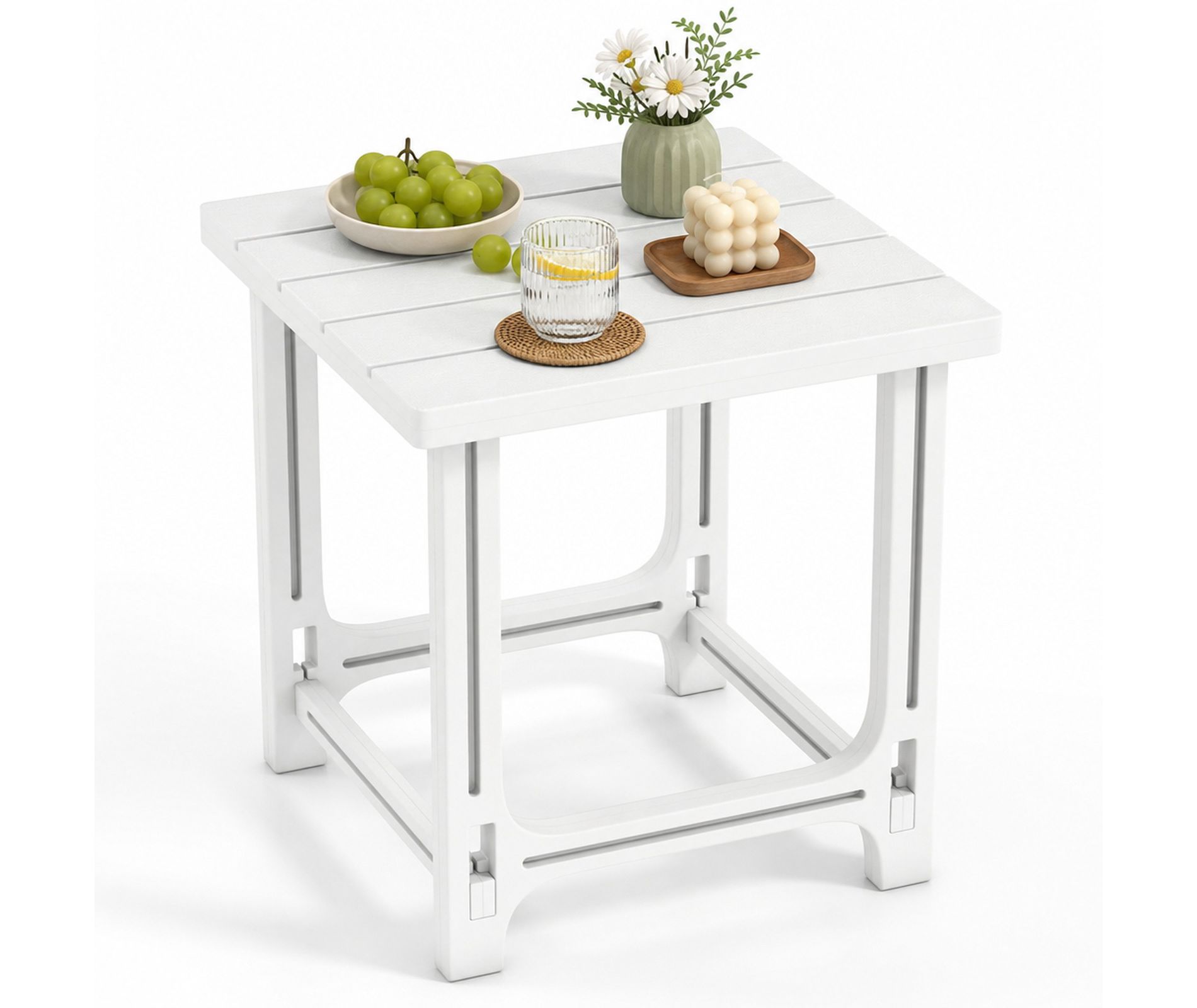Weatherproof HDPE Outdoor Patio Coffee Table with Slatted Top and Adirondack Style, 18.5-Inch White