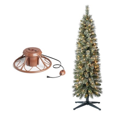 Home Heritage 1-1.75" Artificial Christmas Tree Base Rotating Metal Stand with Stanley 5' Skinny Pencil 150 Pre-Lit Lights Artificial Christmas Tree