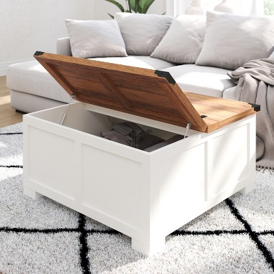White and Rustic Oak Square Wood Coffee Table with Storage