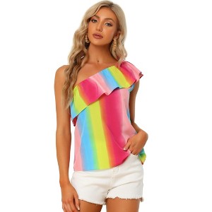 Allegra K Women's Rainbow Sleeveless Ruffle Trim One Shoulder Summer Blouse - 1 of 4