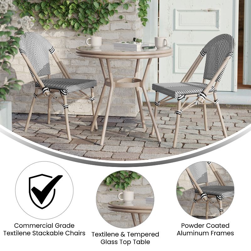 Flash Furniture Marseille Indoor/Outdoor Commercial French Bistro 31.5" Table, Textilene, Glass Top with 2 Stack Chairs, 4 of 11