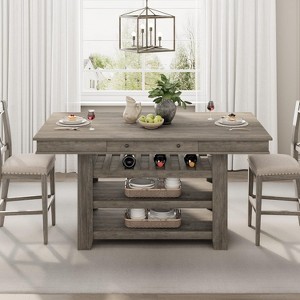 Nasitip 60" Retro Counter Height Dining Table, Farmhouse Bar-Height Kitchen Table with Wine Rack, Shelves, and Drawers - 1 of 4