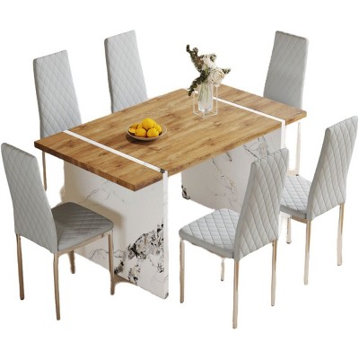 Infurnic Dining Sets Wood Veneer Dining Set with 6 Chairs Marble Style Legs Modern Minimalist Kitchen Table Collection, Light Gray, 55"*31.5"*29.5"
