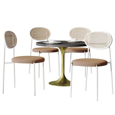 LeisureMod 5-PC Dining Set - 36" Round Dining Table Black MDF Top & Gold Base, 4 Velvet Dining Chairs in White Steel Legs