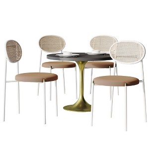 LeisureMod 5-PC Dining Set - 36" Round Dining Table Black MDF Top & Gold Base, 4 Velvet Dining Chairs in White Steel Legs - 1 of 4