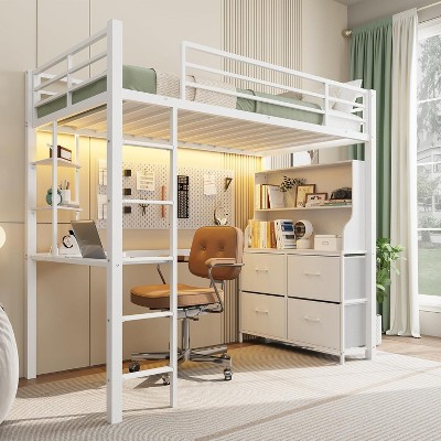 Twin Loft Bed with Desk, LED Lights, Power Outlets, 4 Fabric Drawers, Shelves, Metal Frame, Guardrails & Ladder, No Box Spring Needed