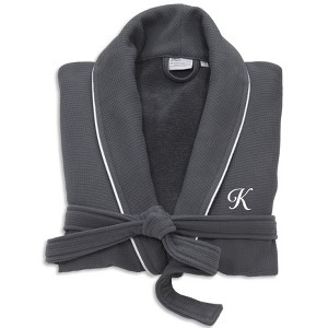 Linum Home Textiles Hotel 100 Percent Turkish Cotton Waffle Terry Personalized Dark Gray Bathrobe with Satin Piped Trim in White Script Font - 1 of 1