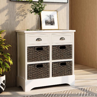 Storage Cabinet, Utility Storage Cabinet with 2 Drawers & 4 Rattan Baskets