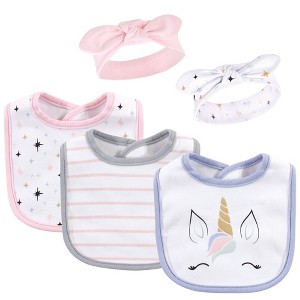 Hudson Baby Infant Girl Cotton Bib and Headband Set 5pk, Unicorn Lashes, One Size - 1 of 4