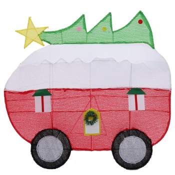 LuxenHome Red and White Camper with Tree Lighted Indoor Outdoor Holiday Decoration Multi-Color