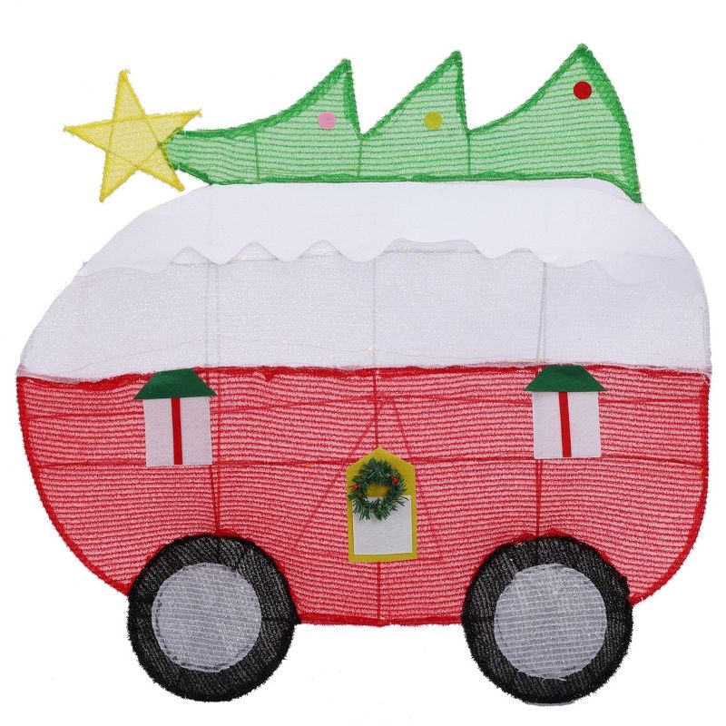 LuxenHome Red and White Camper with Tree Lighted Indoor Outdoor Holiday Decoration Multi-Color, 1 of 5