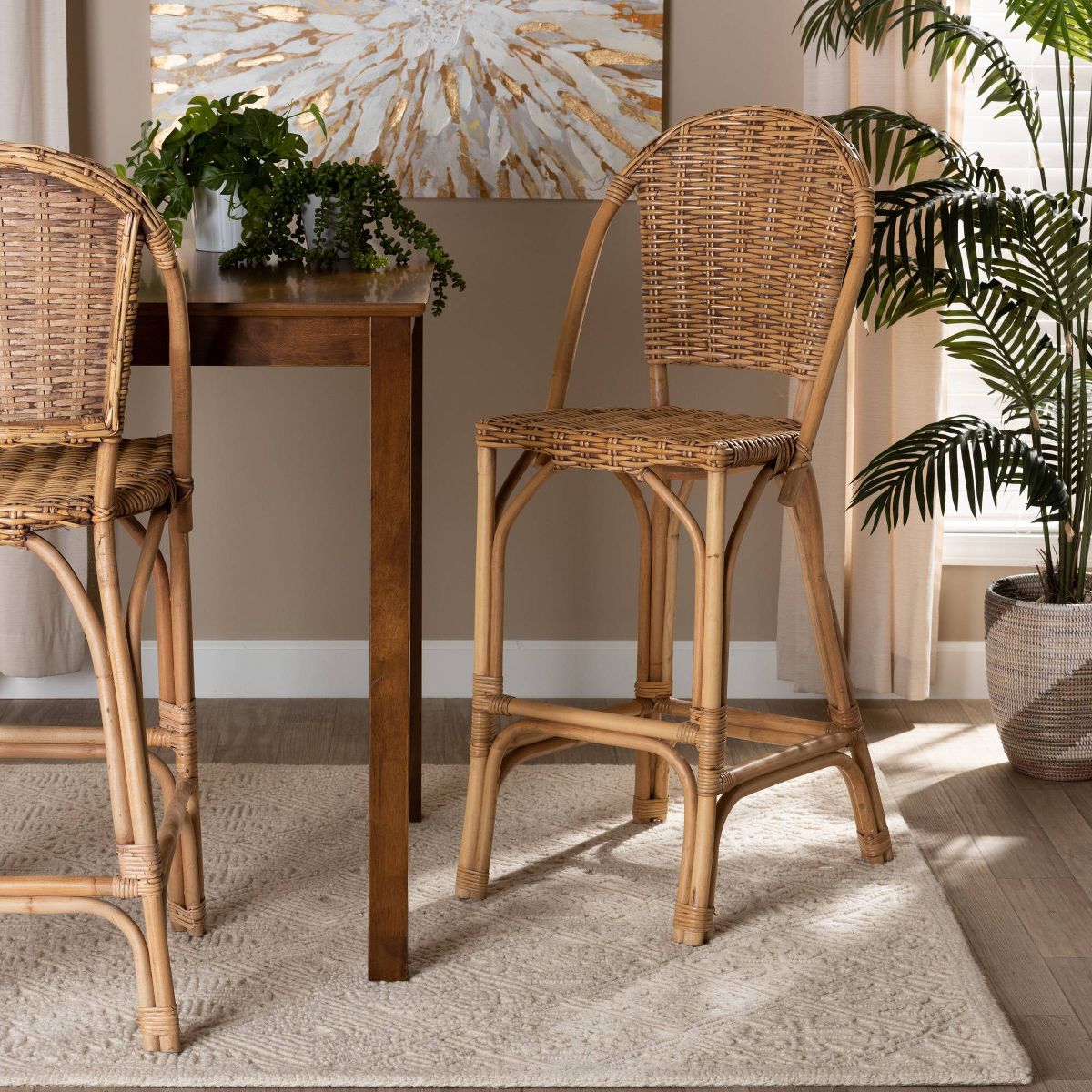bali & pari Neola Natural Rattan Barstool Brown: Bohemian Style, Fixed Height, No Assembly Required - thumbnail 3