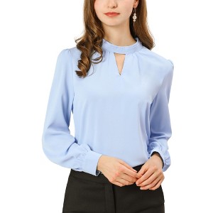INSPIRE CHIC Women's Office Keyhole Elegant Stand Collar Long Sleeve Back Neck Button Blouse - 1 of 4