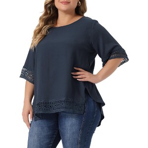 Agnes Orinda Women's Plus Size Lace Crochet Hollow out Crew Neck Short Sleeve Side Split Casual Blouses - 1 of 4