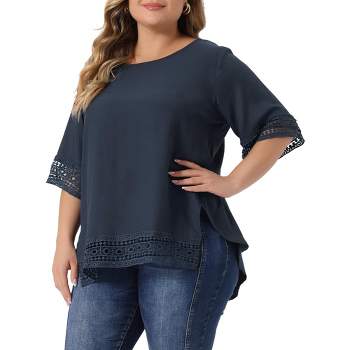 Agnes Orinda Women's Plus Size Loose Fit Hollow Out Lace Crochet Crew Neck Short Sleeve Side Split T-Shirts