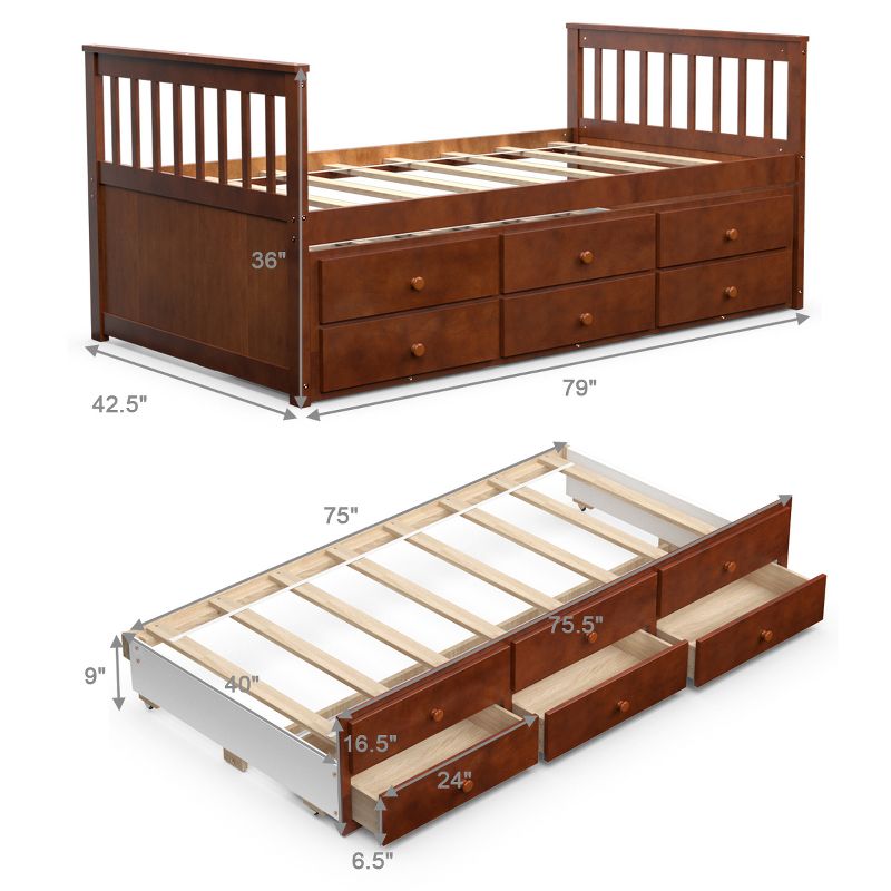 Costway Twin Captain's Bed Bunk Bed Alternative w/ Trundle & Drawers for Kids WalnutEspressoWhite, 3 of 11