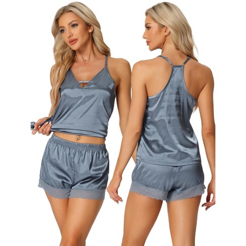 Halter Neck Cami and Lace Trim Pajama Set - Gray / S