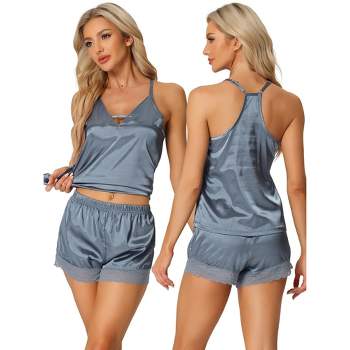 cheibear Women's Satin Lingerie Lace Trim Cami Tops with Shorts V-Neck Sleepwear Pajamas Sets