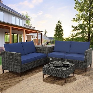 4-Piece Outdoor Patio Set, Rattan Wicker Sectional Furniture with Storage Box and Glass Top Table for Backyard - 1 of 4